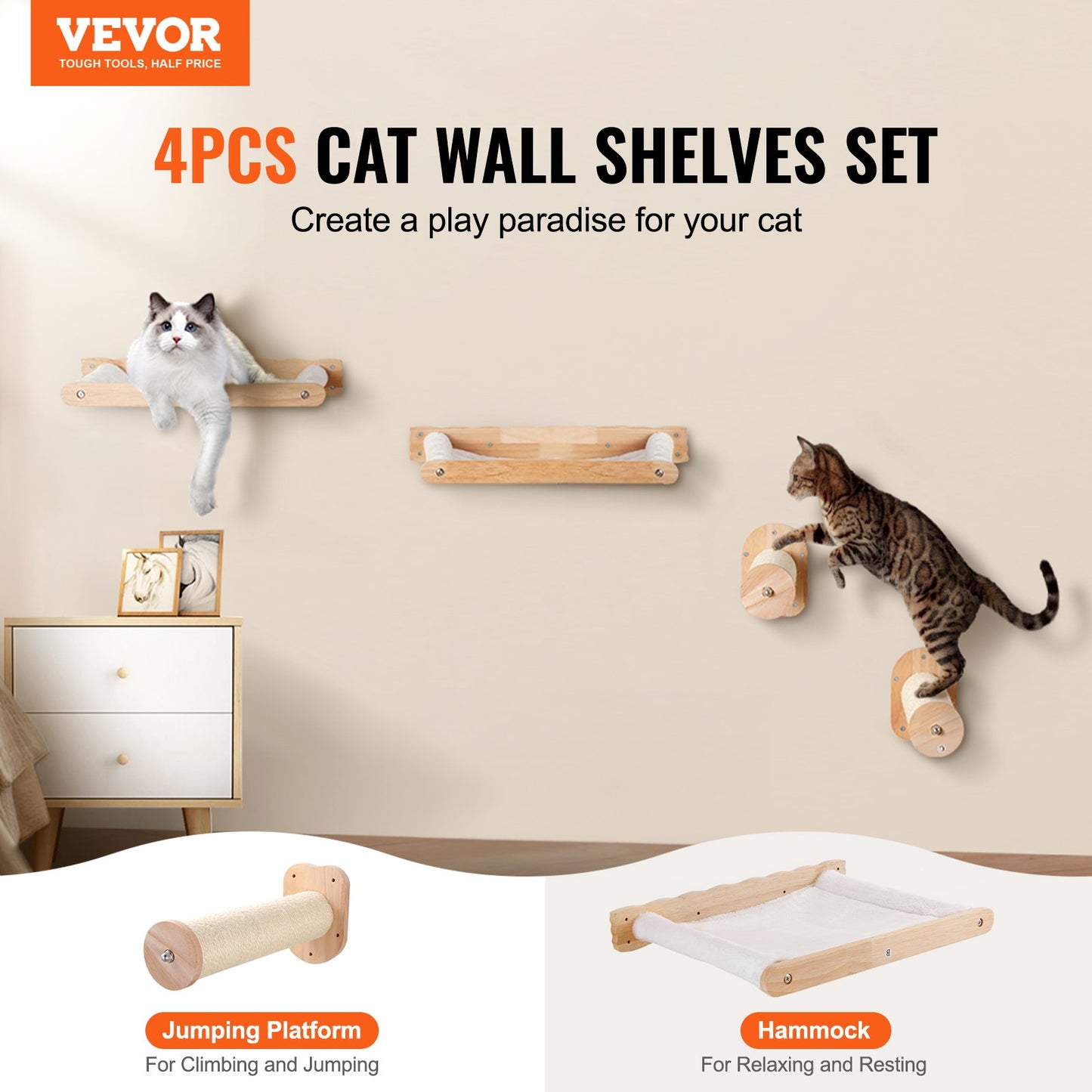 Wall Mounted Cat Shelves & Perches Set – Cat Climbing Furniture with Hammocks & Jump Posts (Set of 4)
