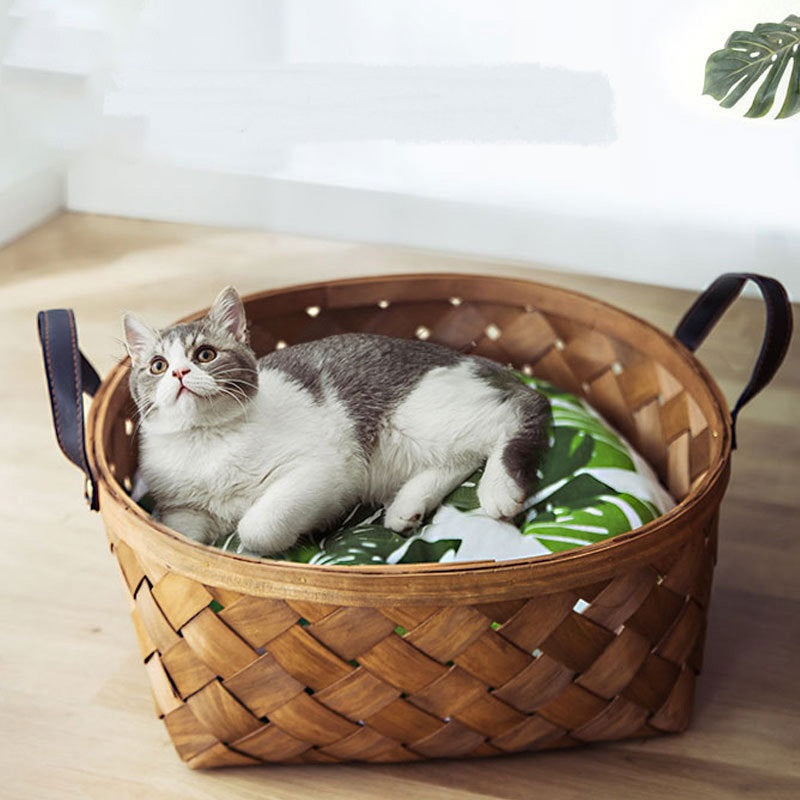 Bamboo Rattan Cat House Bed – Hand-Woven Pet Nest with Cushion (S/M/L)