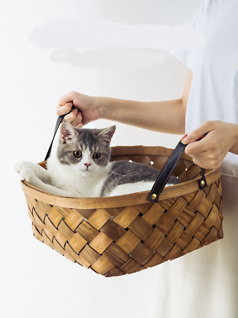 Bamboo Rattan Cat House Bed – Hand-Woven Pet Nest with Cushion (S/M/L)