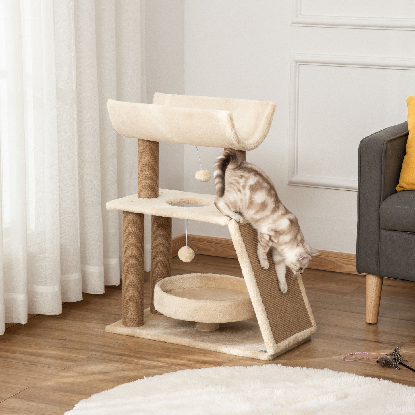 PawHut Cat Tree Tower with Scratching Posts, Perch, Bed & Toy Ball
