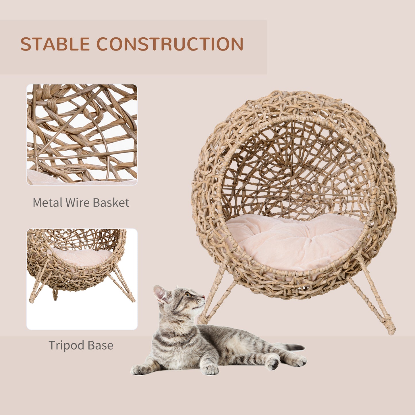 PawHut Round Wicker Cat Bed with Cushion – Elevated Tripod Cat Lounge Bed