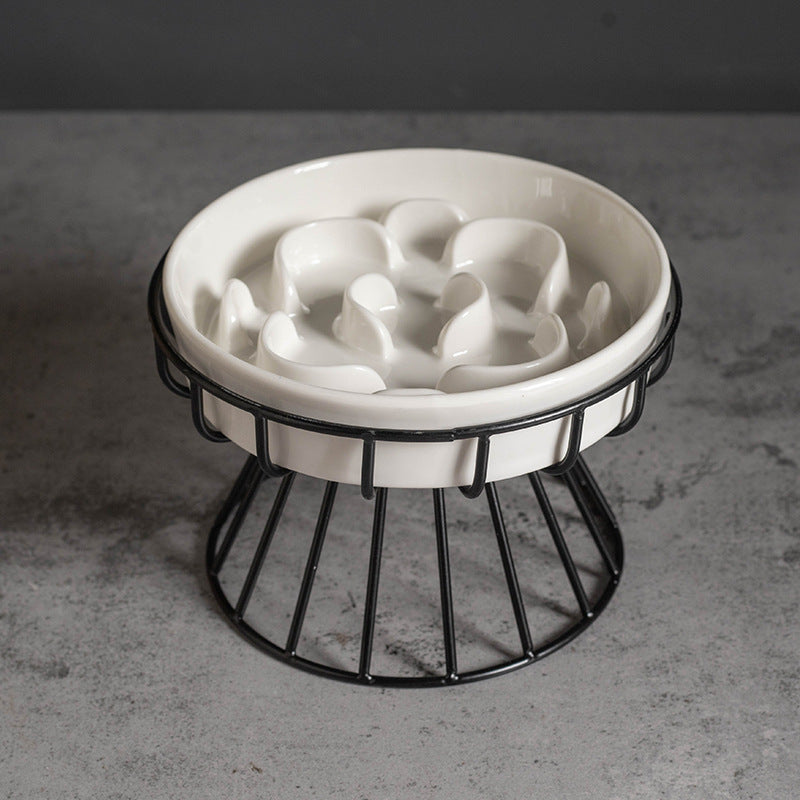 Ceramic Slow Feeder Cat Bowl with Stand – Anti-Gulp Pet Feeding Dish