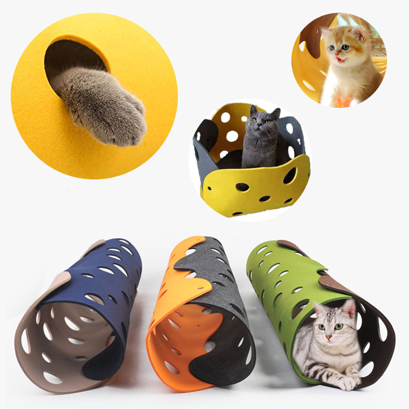 Collapsible Cat Tunnel Toy – Interactive Felt Play Tube with Pom-Pom Design