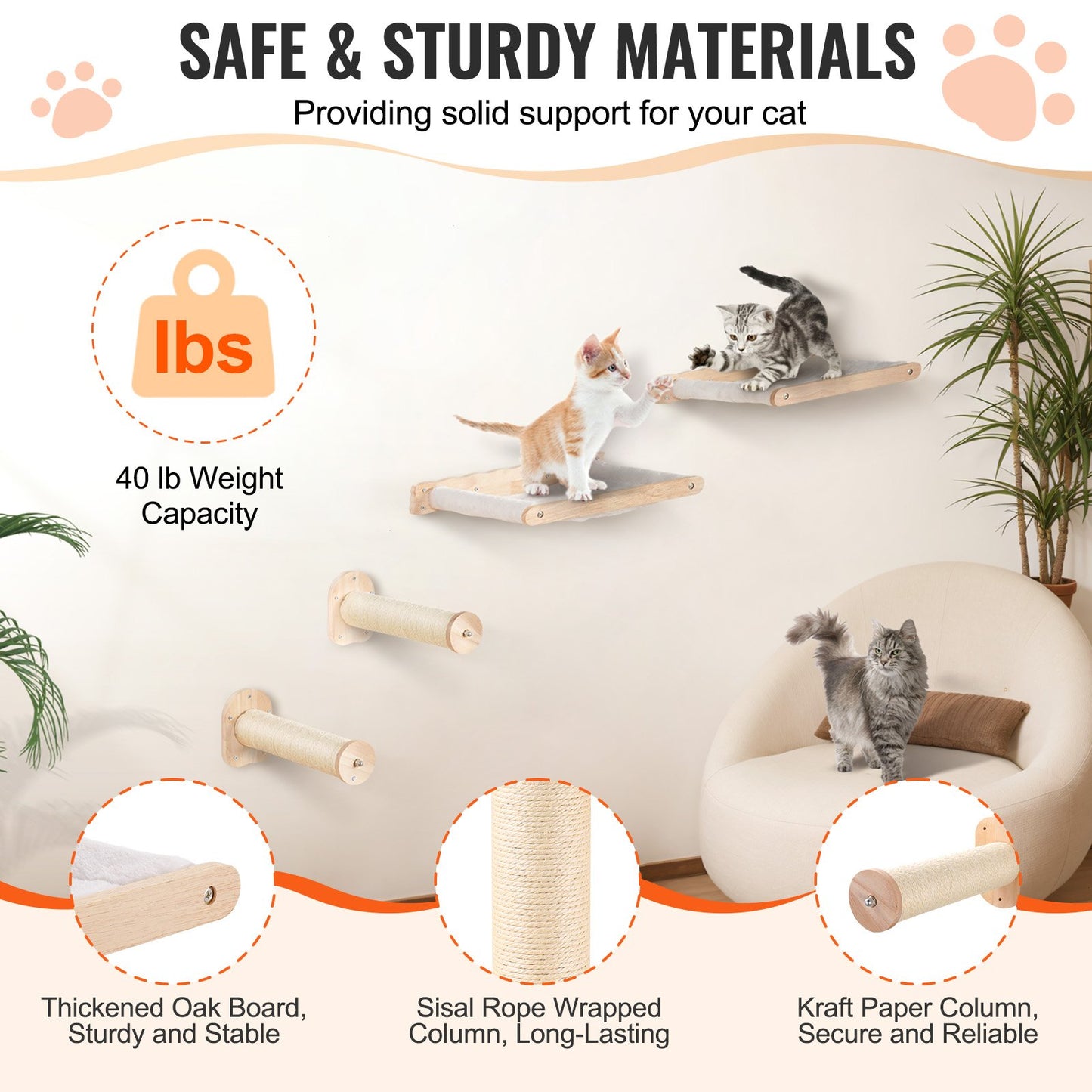 Wall Mounted Cat Shelves & Perches Set – Cat Climbing Furniture with Hammocks & Jump Posts (Set of 4)