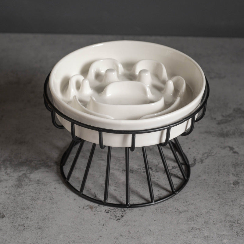 Ceramic Slow Feeder Cat Bowl with Stand – Anti-Gulp Pet Feeding Dish