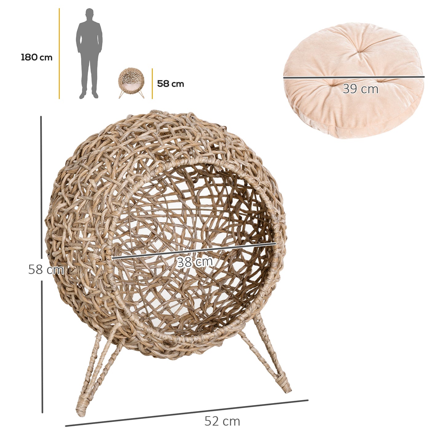 PawHut Round Wicker Cat Bed with Cushion – Elevated Tripod Cat Lounge Bed