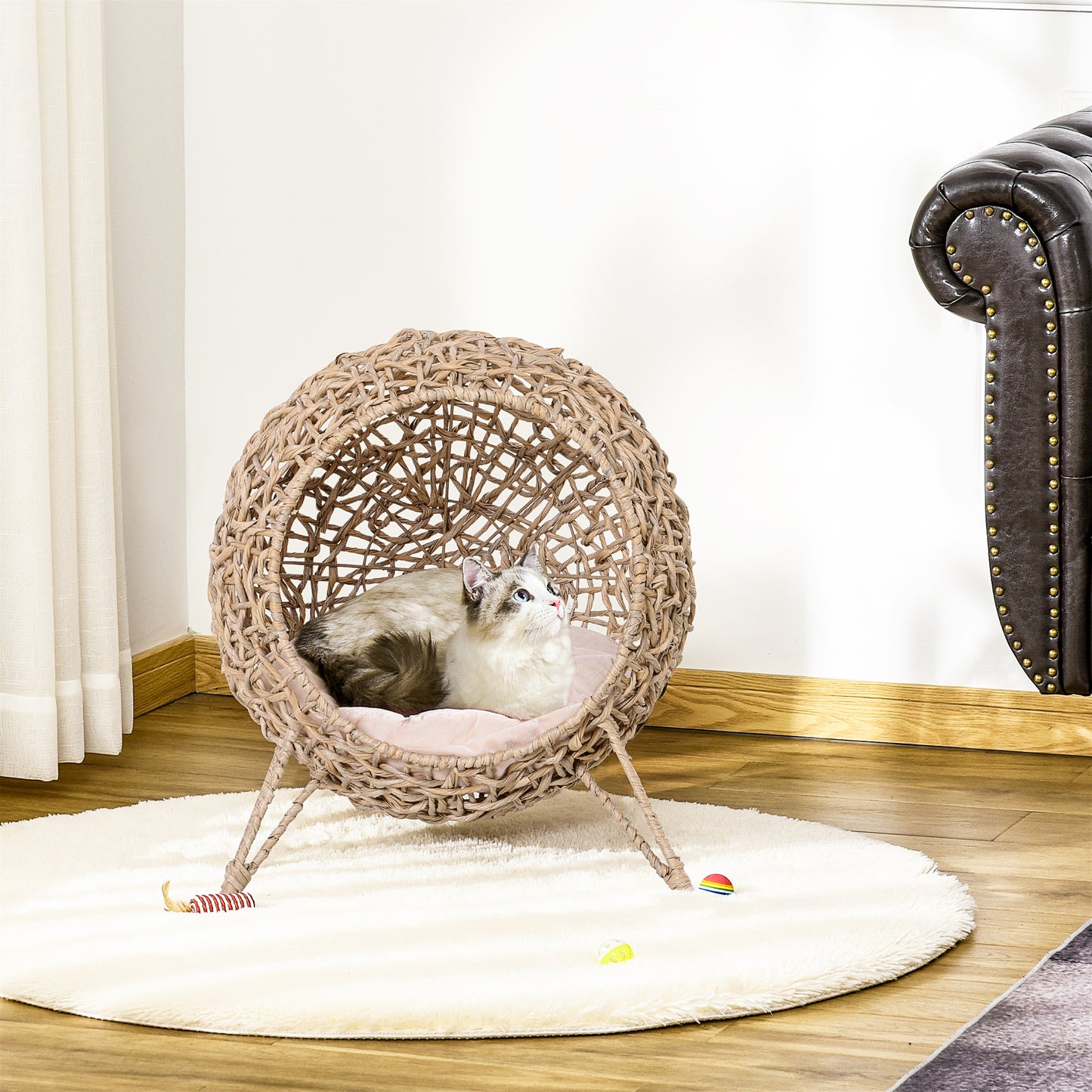 PawHut Round Wicker Cat Bed with Cushion – Elevated Tripod Cat Lounge Bed