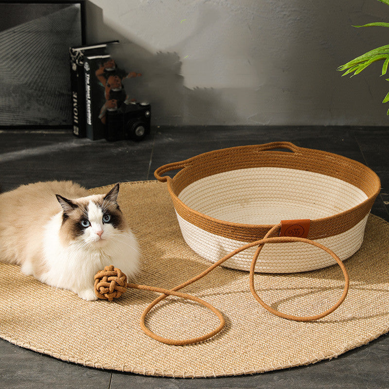 Cotton Rope Rattan Pet Nest – Woven Cat & Small Dog Bed with Optional Cushion