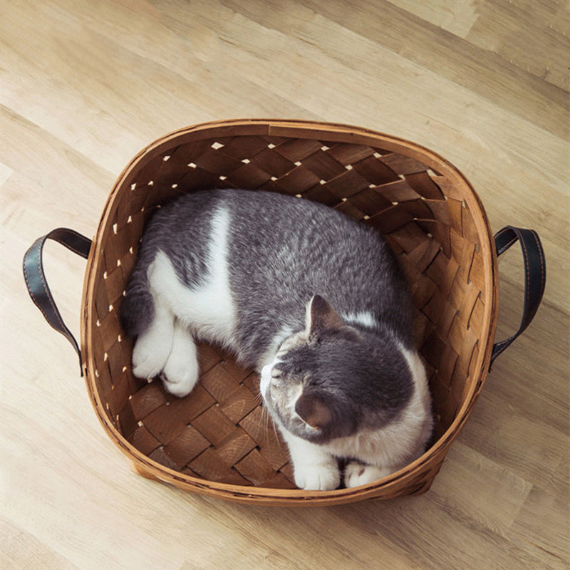 Bamboo Rattan Cat House Bed – Hand-Woven Pet Nest with Cushion (S/M/L)