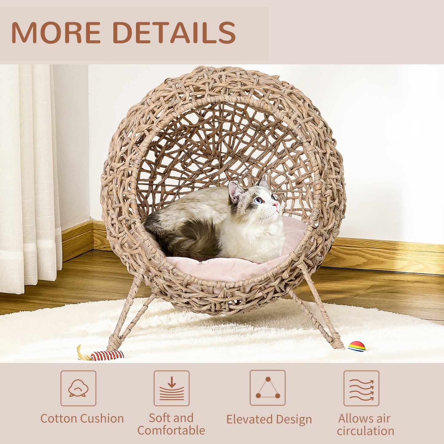 PawHut Round Wicker Cat Bed with Cushion – Elevated Tripod Cat Lounge Bed
