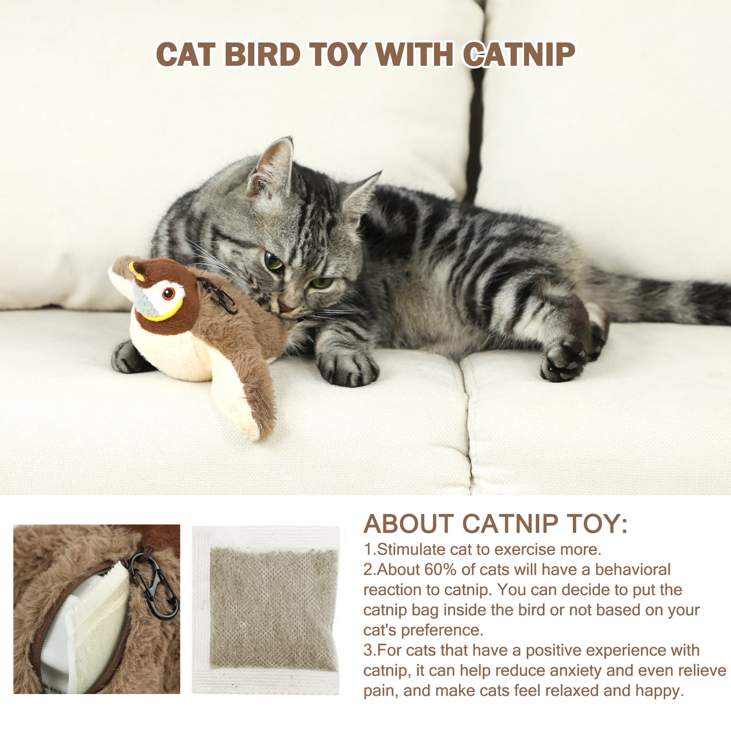 Interactive Flapping Bird Cat Toy – Rechargeable Catnip Plush Chirping Toy for Cats & Kittens