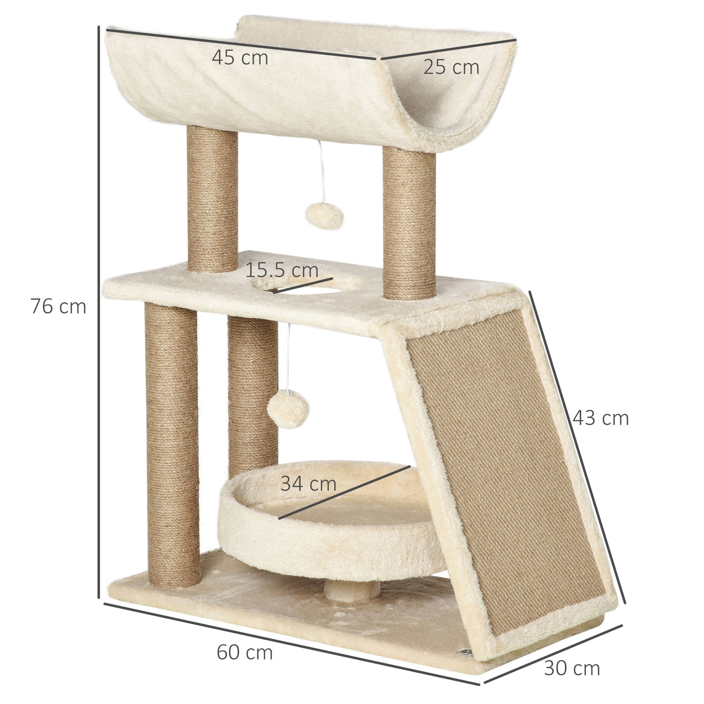 PawHut Cat Tree Tower with Scratching Posts, Perch, Bed & Toy Ball