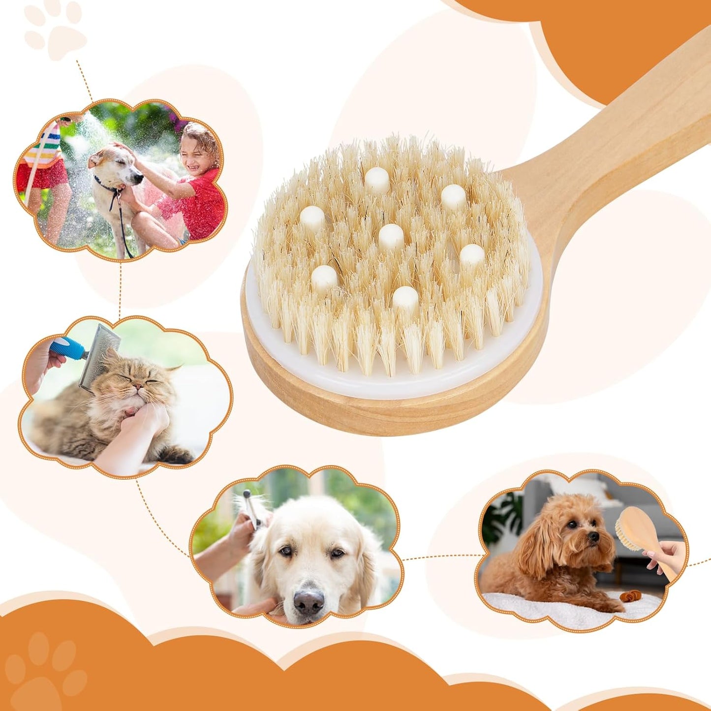 Pet Shampoo Massage Brush – Wooden Handle Bath & Grooming Brush for Dogs & Cats