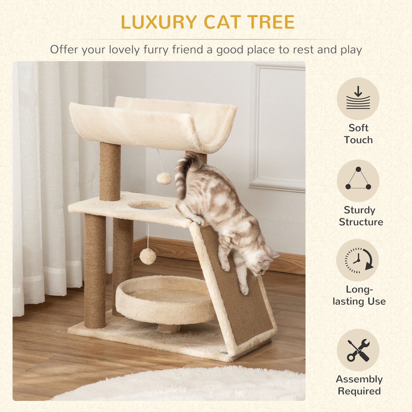 PawHut Cat Tree Tower with Scratching Posts, Perch, Bed & Toy Ball