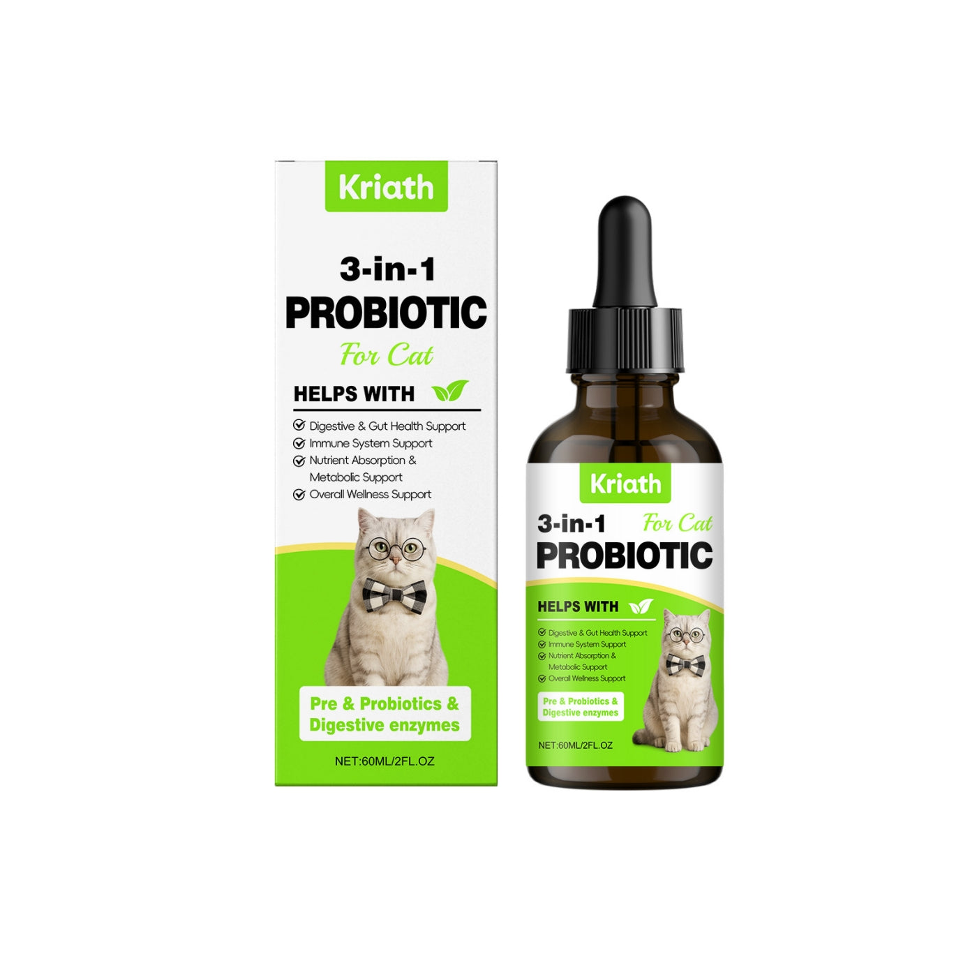 Kriath 3-in-1 Probiotic Support Drops for Cats – Digestive Wellness Formula