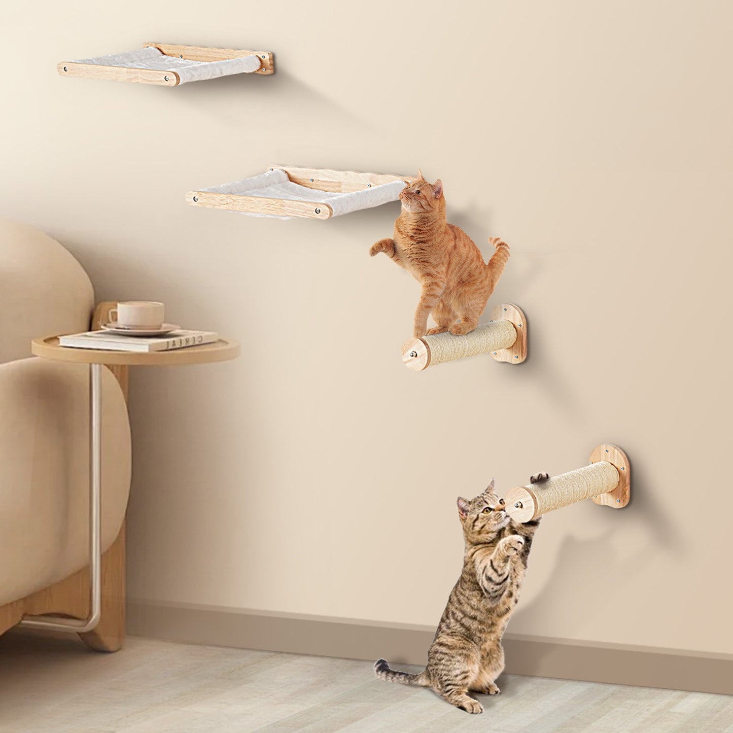 Wall Mounted Cat Shelves & Perches Set – Cat Climbing Furniture with Hammocks & Jump Posts (Set of 4)
