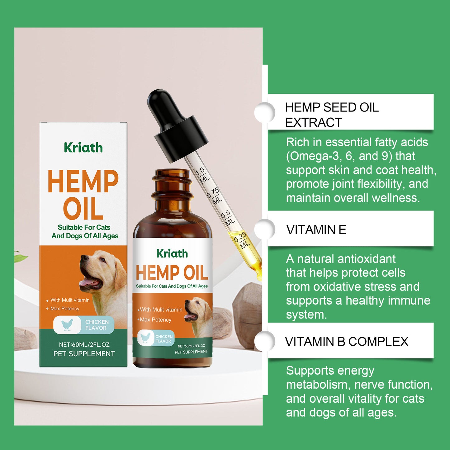 Kriath Hemp Seed Oil Vitality Drops for Cats & Dogs – Daily Wellness Support
